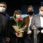 Presidente da Ajao Jacson Lucio Zandonai, vice-prefeita Rejane Gambin, prefeito Adriano Silva e governador Carlos Moisés em evento em Joinville