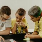 Três alunos olham atentamente para um projeto