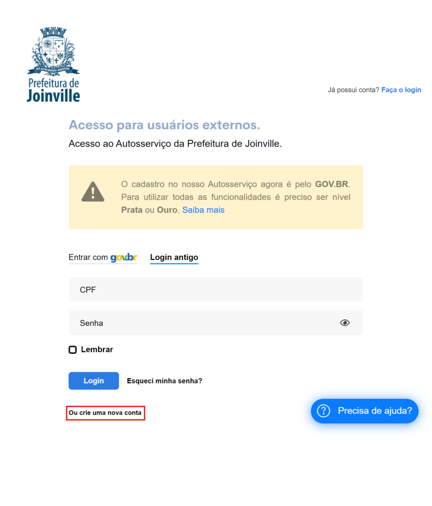 Tela com link para acessar o cadastro do Sistema Accounts