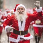 Homem vestido de Papai Noel corre