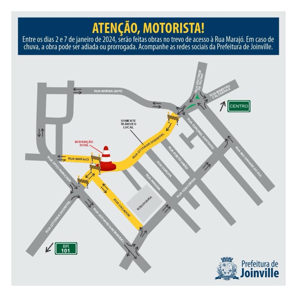 Trevo de acesso à Rua Marajó ficará interditado entre os dias 2 e 7 de janeiro para obras da Ottokar Doerffel