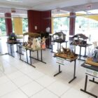 Presépios montados em pequenas mesas, lado a lado