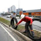 Técnicos retiram fiação de poste