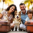 Mulher, homem e criança posam para foto com gato, cachorro e malas