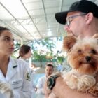 Tutor segura cachorro com veterinária ao lado antes de microchipagem