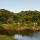 Imagem do Parque Zoobotânico, um parque verde, com lago e pequenas ilhas com casinhas para animais