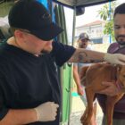 Homem de boné e camisa pretas passa a mão na cabeça de cachorro que está no colo de outro homem