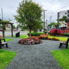 Jardim com árvore no centro e canteiro de flores ao redor, além de gramado, espaços em brita e bancos