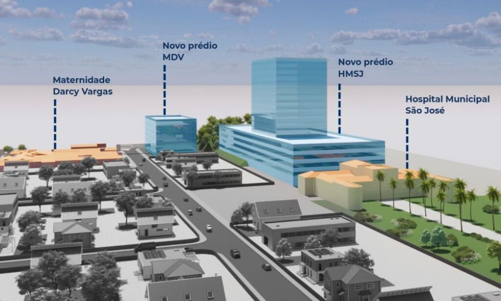 Imagem mostra projeção de como será e onde ficará os novos prédios do Hospital São José e Maternidade Darcy Vargas