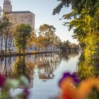 Foto de um rio com árvores nas margens e um prédio ao fundo