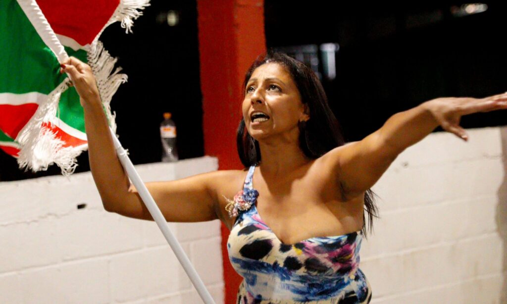 Mulher morena de cabelos longos segura mastro de bandeira enquanto dança