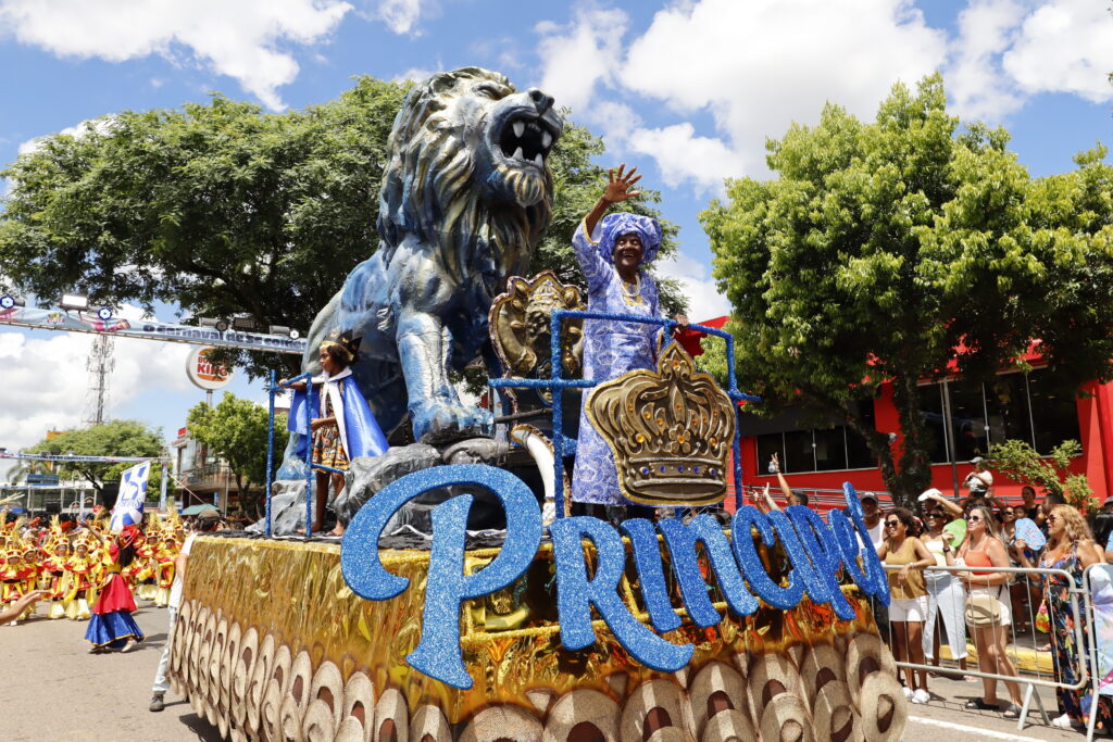 Carro alegórico mostra idosa vestida de azul e branco, com alegoria de leão e letreiro com a palavra Príncipes