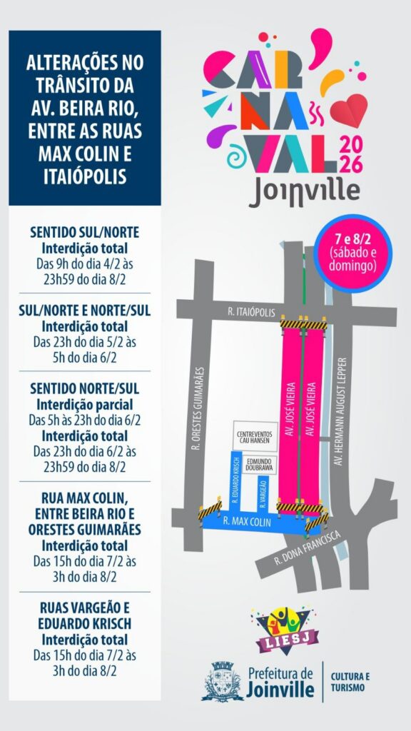 Mapa indica quais ruas serão interditadas durante o Carnaval de Joinville
