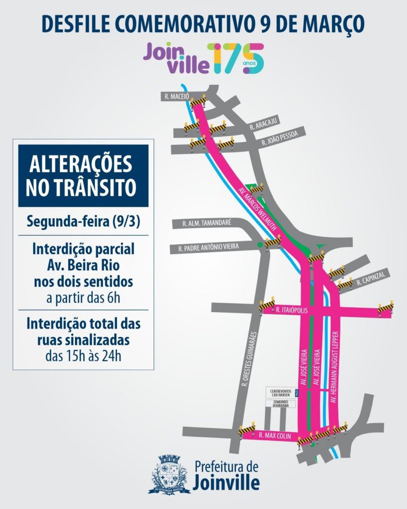 Mapa colorido mostra ruas que estarão interditadas para o desfile