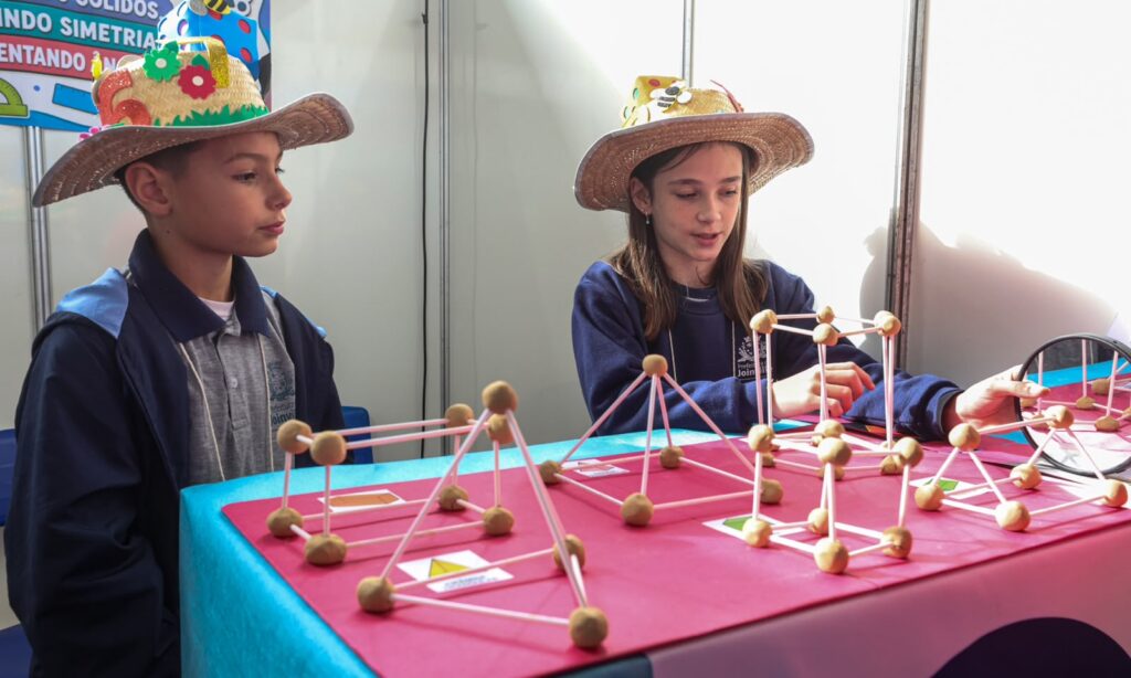 Um menino e uma menina adolescentes usam chapéus de palha. Eles estão sentados perto de uma mesa onde há objetos matemáticos