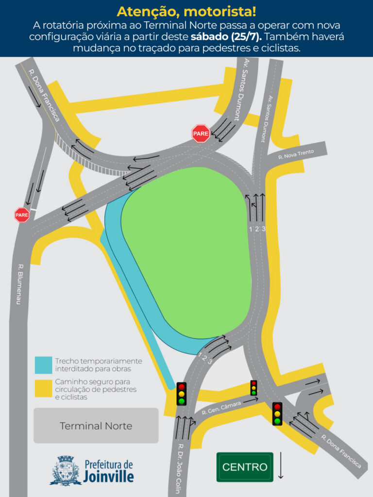 Mapa mostra como vai funcionar o trânsito na rotatória da avenida Santos Dumont