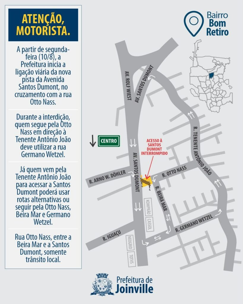 Mapa mostra desvios no trânsito com interdição de acesso à rua Otto Nass