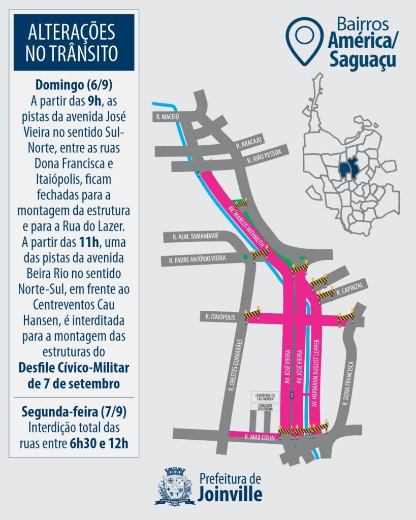 Mapa mostra interdição de ruas durante o desfile de 7 de setembro em Joinville