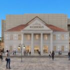 Projeto 3D mostra como será o Theatro Nicodemus, uma construção que une um imóvel antigo a um novo prédio com arquitetura contemporânea no centro de Joinville